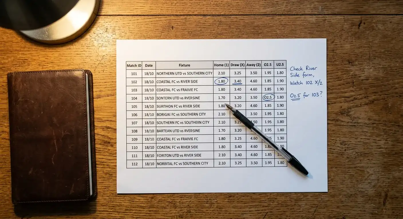 Wettanalyst studiert ausgedruckte Quotenliste mit handschriftlichen Notizen