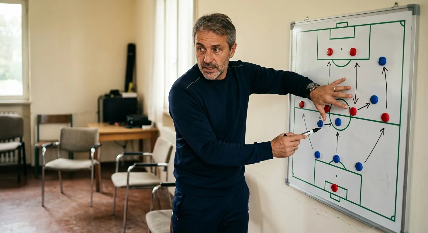 Italienischer Fußballtrainer erklärt taktische Aufstellung auf einer Magnettafel