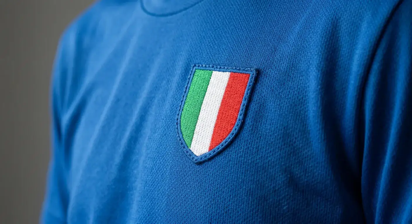 Nahaufnahme des grün-weiß-roten Scudetto-Stoffschilds auf einem Fußballtrikot
