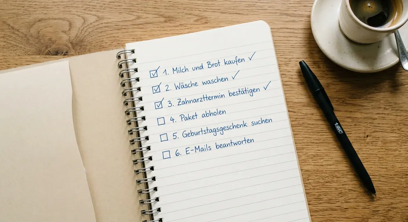 Notizbuch mit handschriftlicher Checkliste neben einem Kugelschreiber auf hellem Holztisch