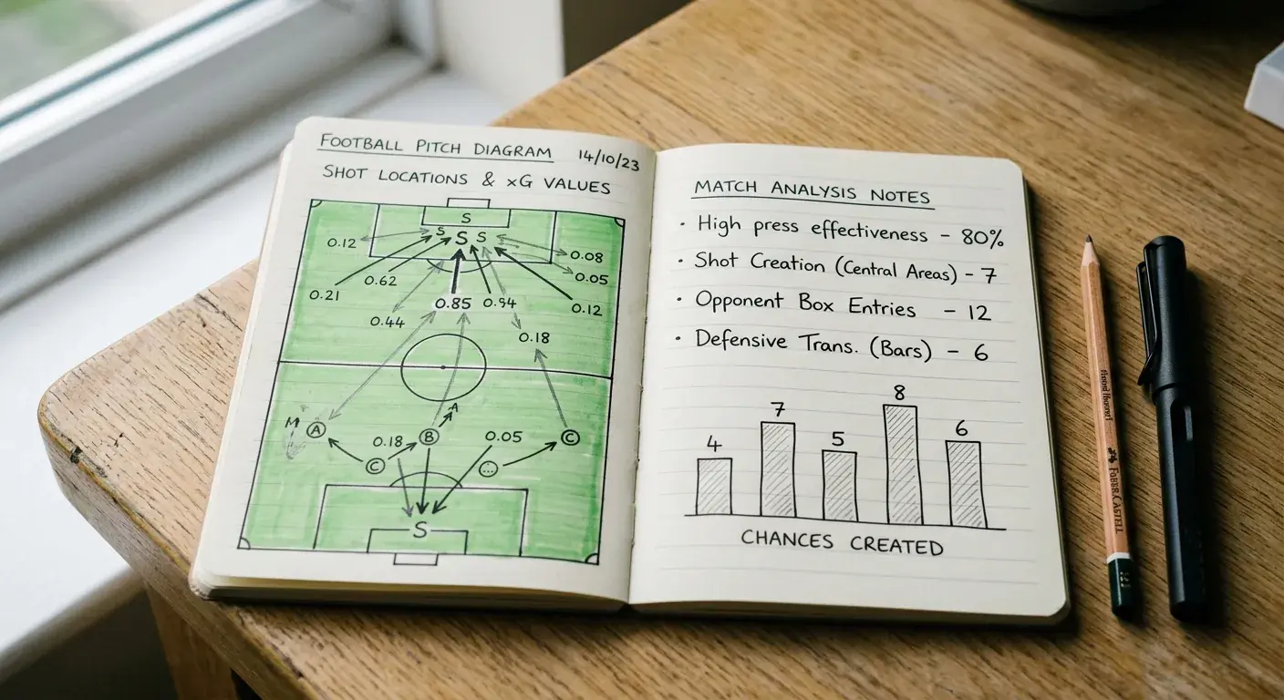 Notizbuch mit handschriftlichen xG-Werten und Skizzen von Fußball-Spielsituationen
